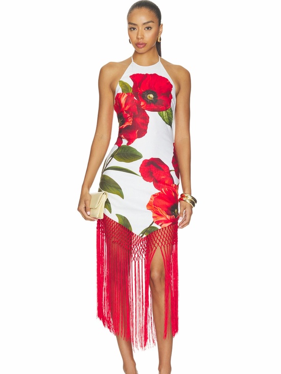 Alice + Olivia Dresses & Skirts - MALLORY HALTER NECK FRINGE HEM MIDI DRESS in summer poppy